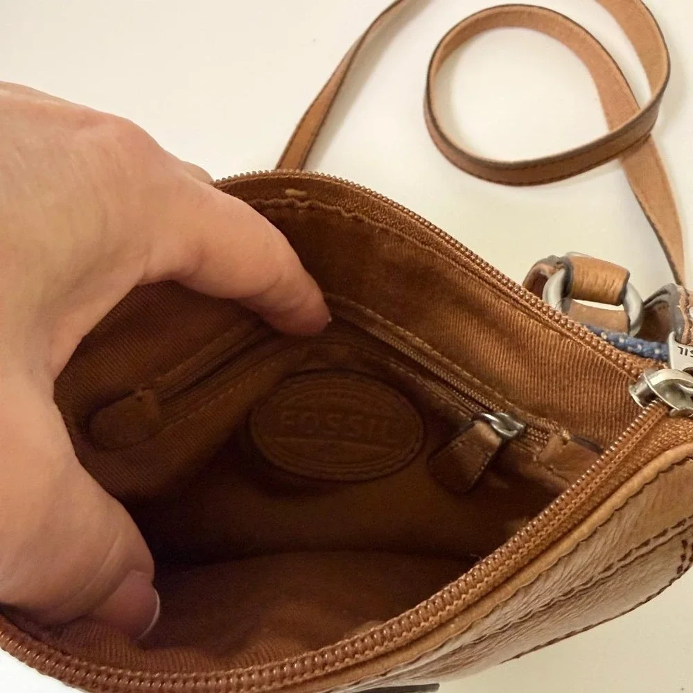 Fossil Brown Leather Octagon Crossbody Bag Small Zip Top Purse Issue No 1954